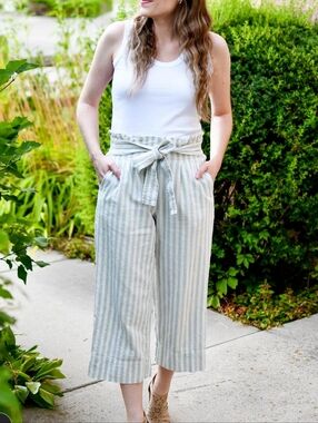 Madewell Light Blue & White Striped Paperbag Cropped Pants